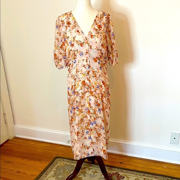 Sundance 100% Silk Floral Midi Dress 3/4 Sleeve Button Up Size Medium - Picture 1 of 6
